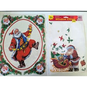 Vintage Christmas Window Clings Large Santa Retro Holiday Window Decorations